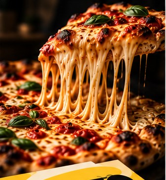 Pizzastück mit langen Mozzarella-Fäden
